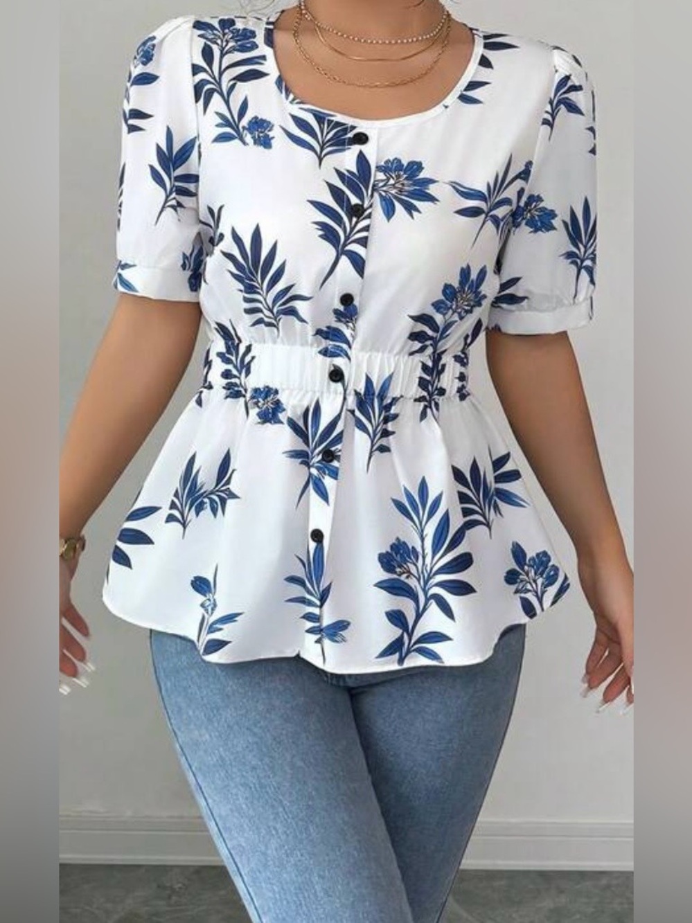 White Blouse w/Navy Blue Floral Print